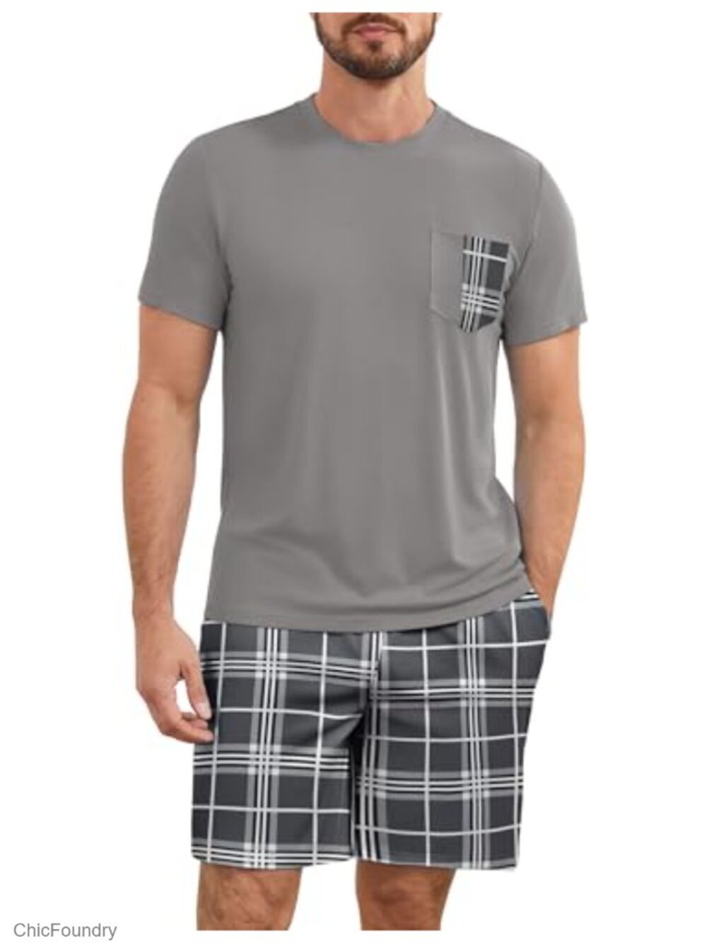 Men's Cotton Blend Plaid Pajama Set Short Sleeve 2 Piece Lounge Sleepwear